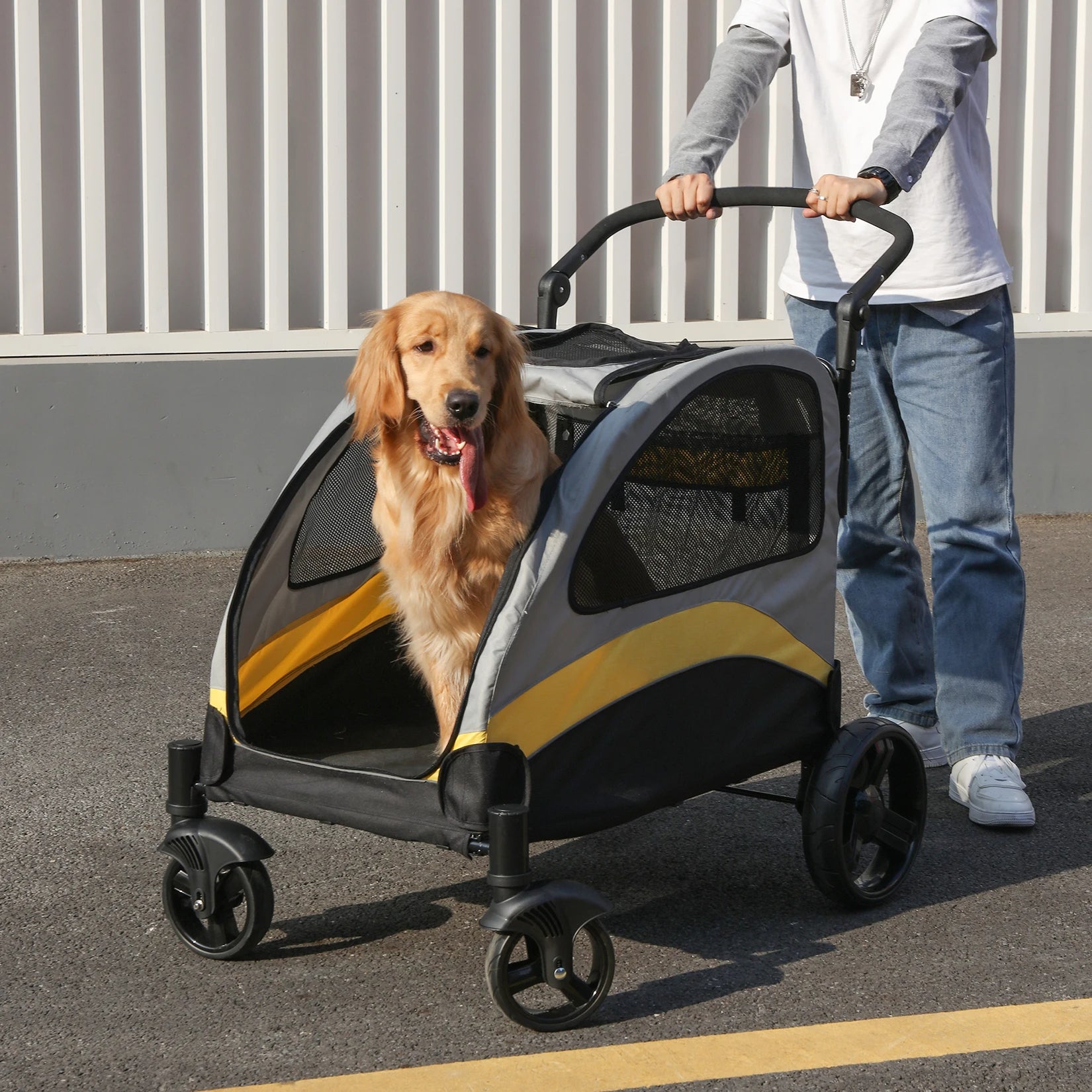 Portable 4-Wheel Dog Stroller for Large Dogs & Cats - Foldable, Breathable Travel Carrier