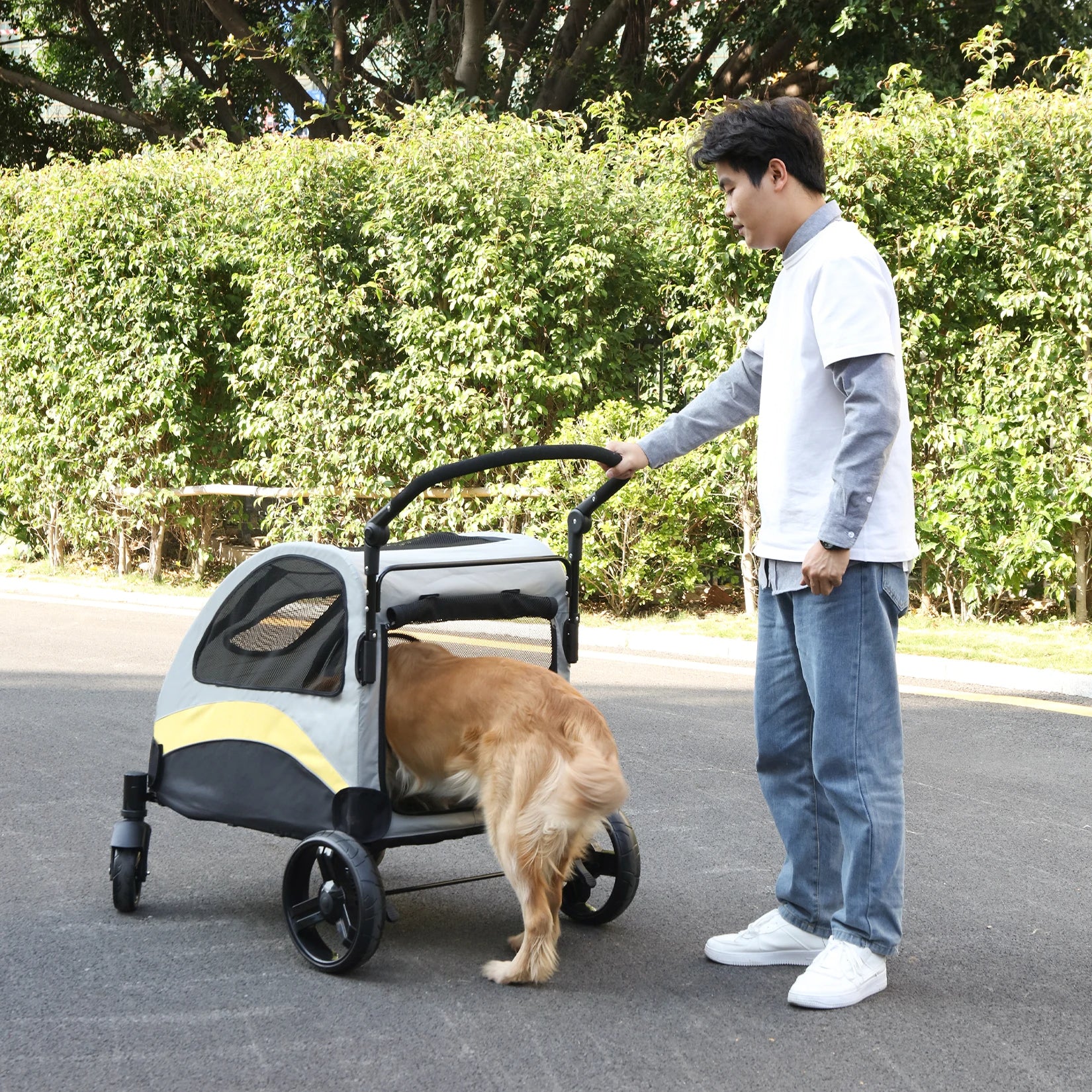 Portable 4-Wheel Dog Stroller for Large Dogs & Cats - Foldable, Breathable Travel Carrier