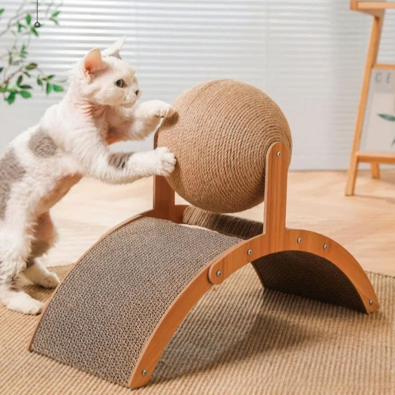 2-in-1 Cat Scratching Ball with Wooden Base - Sisal Scratch Board & Wear-Resistant Grinding Toy, Solid Wood Cat Scratcher for Healthy Paws