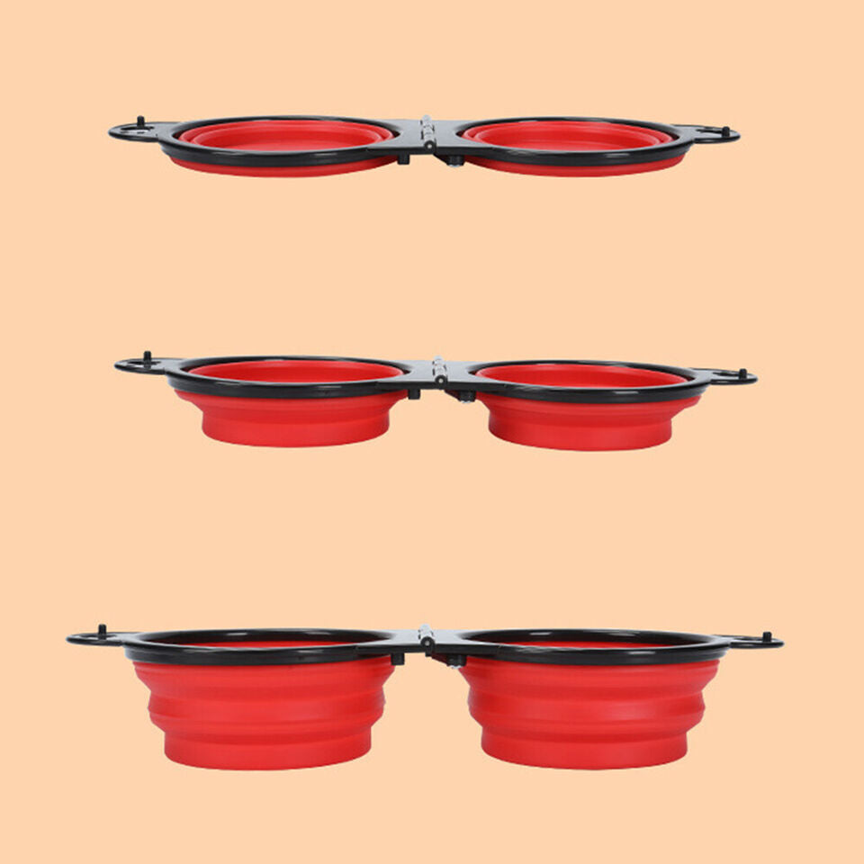 Pet Foldable Dual Bowl Feeding Drinking Bowl Travel Portable 2-in-1 With Buckle