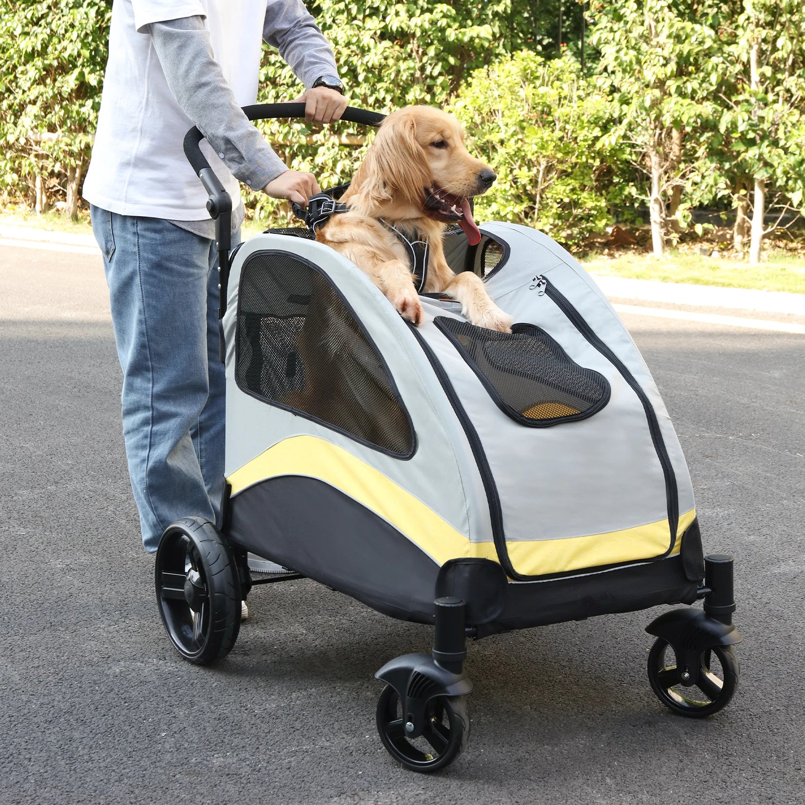 Portable 4-Wheel Dog Stroller for Large Dogs & Cats - Foldable, Breathable Travel Carrier