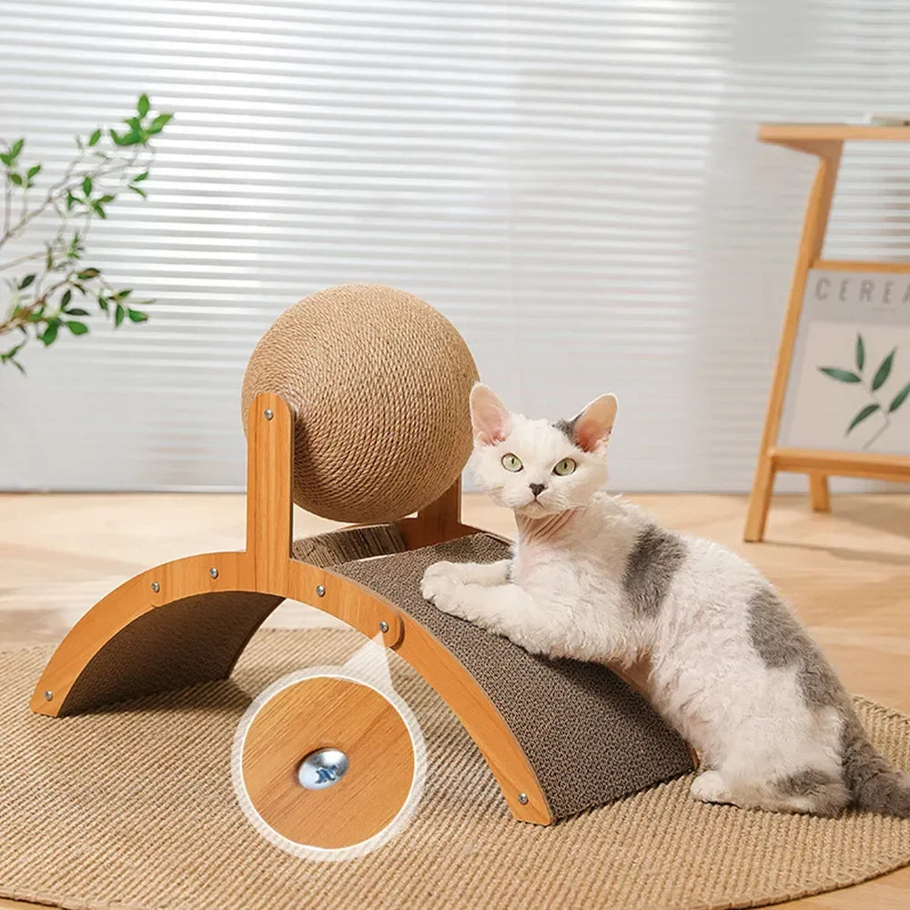2-in-1 Cat Scratching Ball with Wooden Base - Sisal Scratch Board & Wear-Resistant Grinding Toy, Solid Wood Cat Scratcher for Healthy Paws