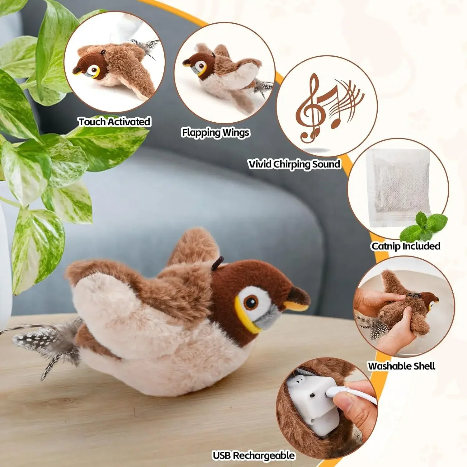 Interactive Rechargeable Chirping Bird Cat Toy with Catnip for Pets