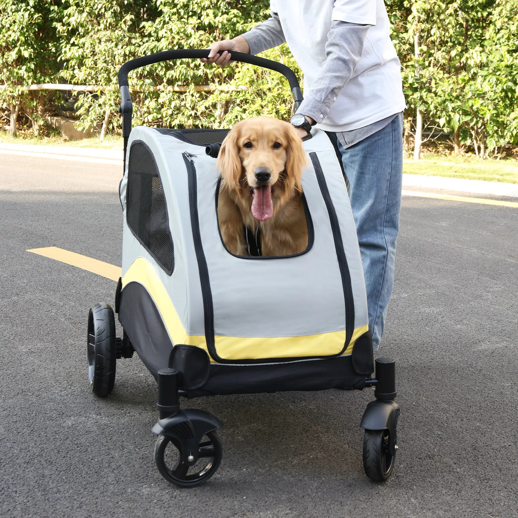 Portable 4-Wheel Dog Stroller for Large Dogs & Cats - Foldable, Breathable Travel Carrier