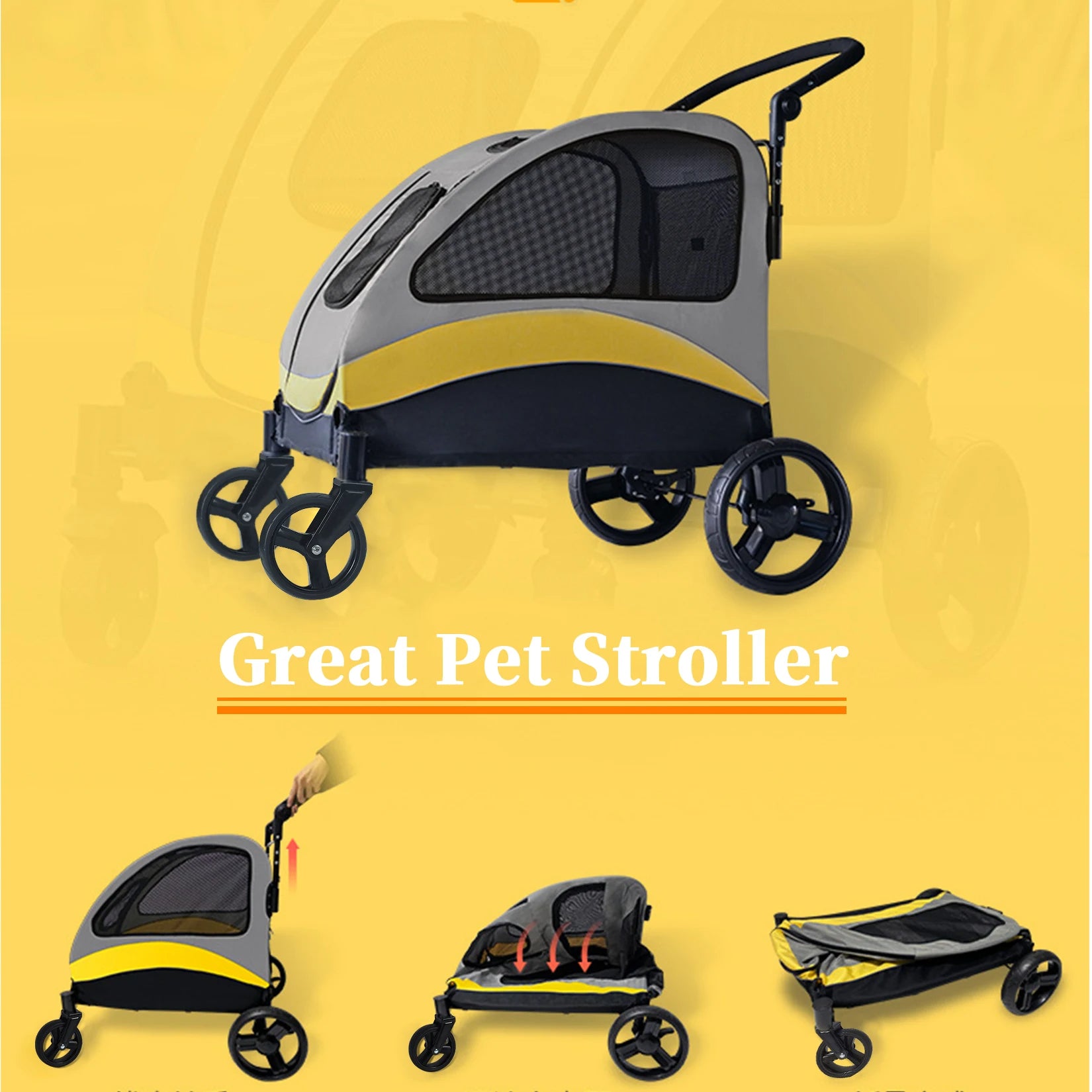 Portable 4-Wheel Dog Stroller for Large Dogs & Cats - Foldable, Breathable Travel Carrier