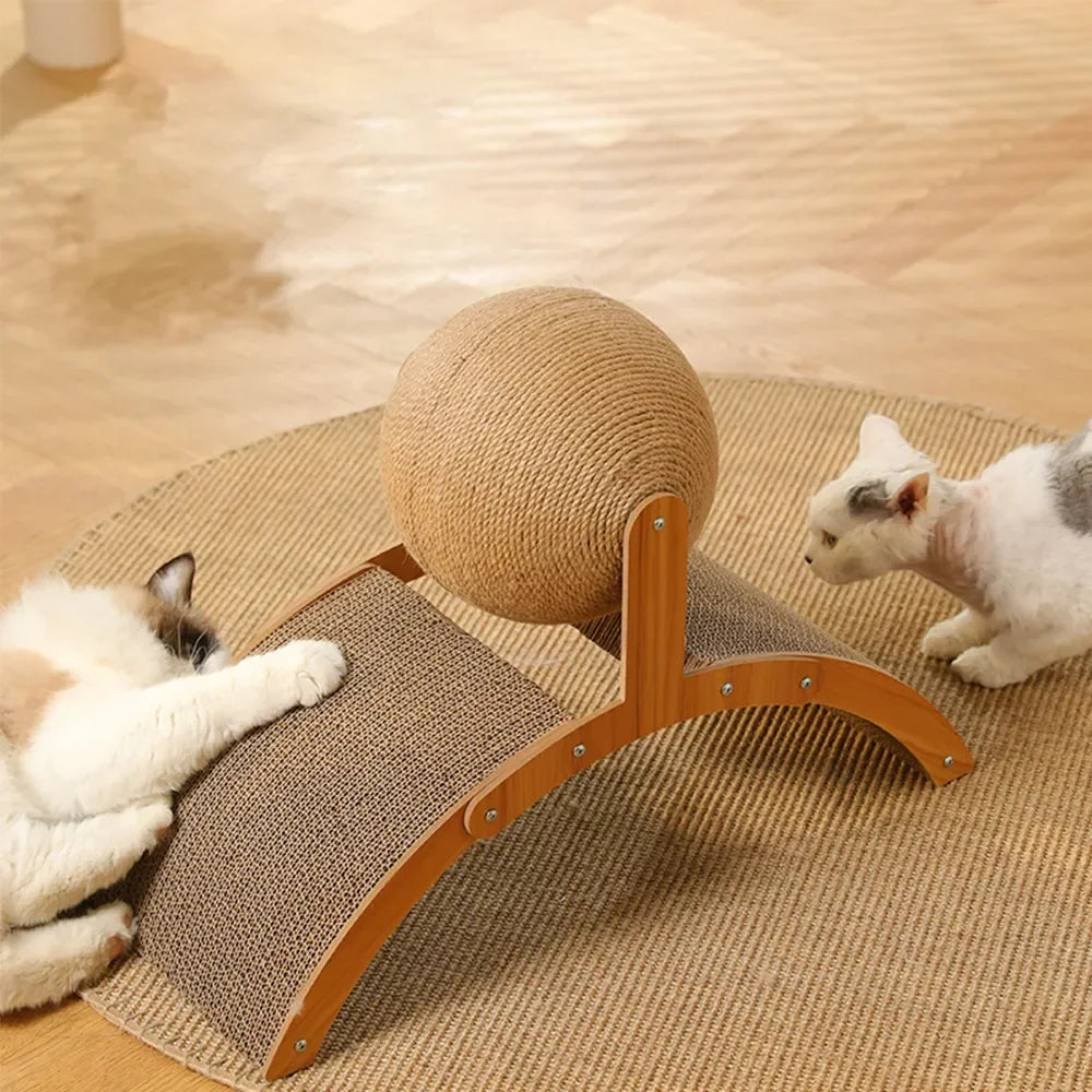 2-in-1 Cat Scratching Ball with Wooden Base - Sisal Scratch Board & Wear-Resistant Grinding Toy, Solid Wood Cat Scratcher for Healthy Paws